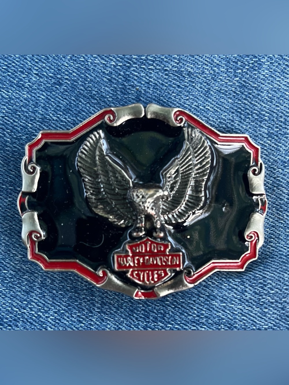 Harley-Davidson Silver Eagle Buckle with Black and Red Accents